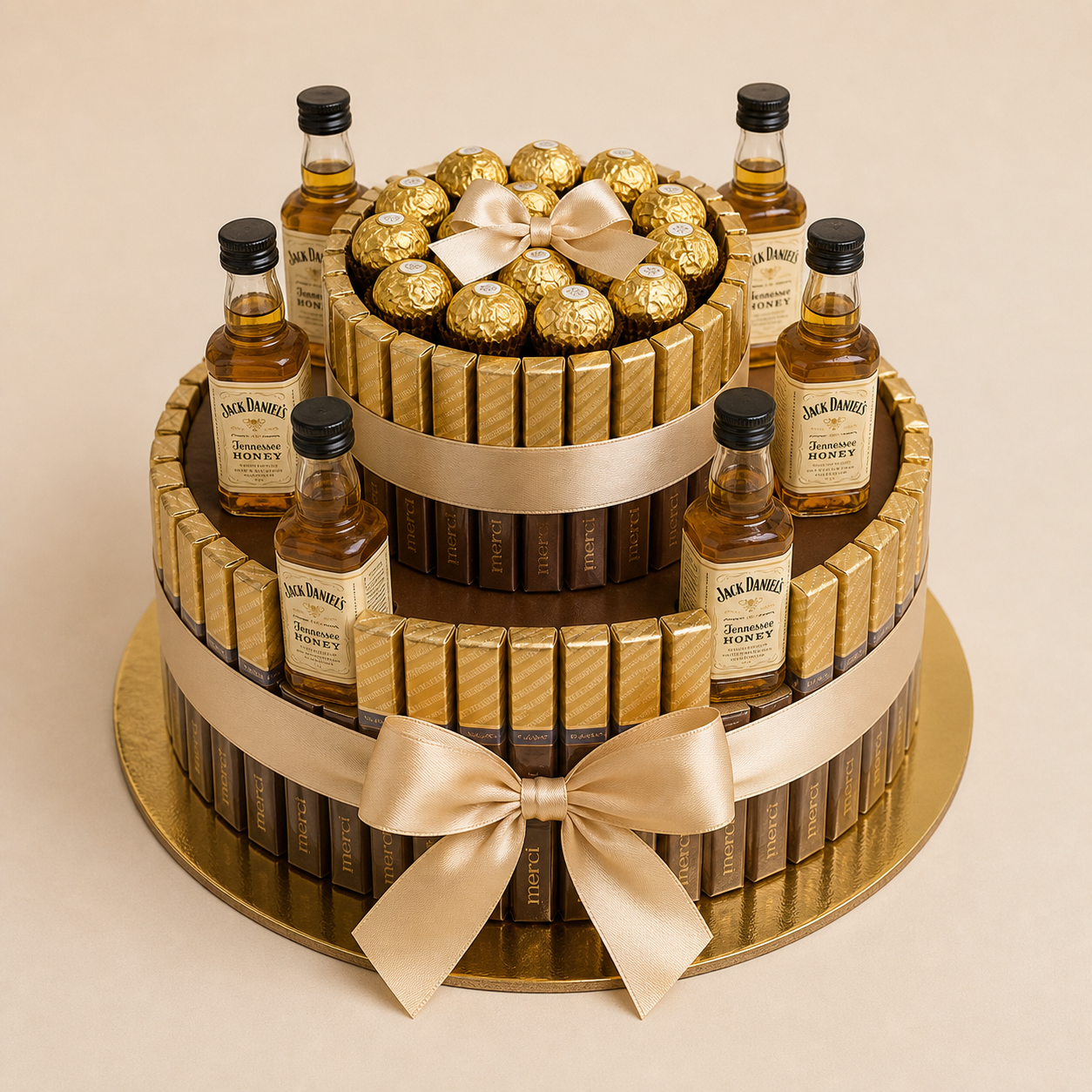 Tort office din batoane Merci, praline Ferrero si miniaturi Jack Honey