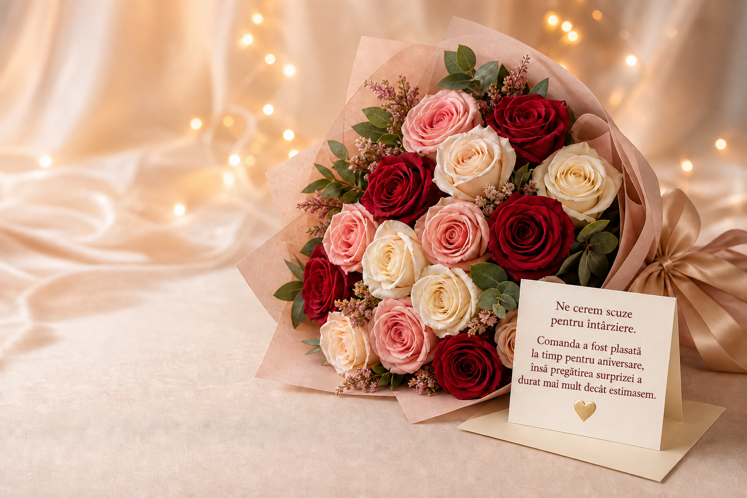 Buchet elegant si cartonas prin care Atelierul de emotii isi asuma intarzierea surprizei